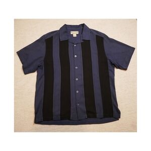 Paradise Cove Mens Silk Camp Shirt Medium Navy Blue Black Bowling Herringbone M